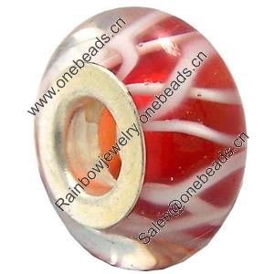 Lampwork Glass white Brass Plating Silver Beads, Rondelle, 6.8x13.5mm, Hole:4.5mm, Sold by PC