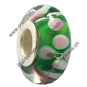 Lampwork Glass white Brass Plating Silver Beads, Rondelle, 6.8x13.5mm, Hole:4.5mm, Sold by PC