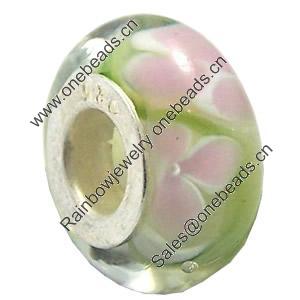 Lampwork Glass white Brass Plating Silver Beads, Rondelle, 6.8x13.5mm, Hole:4.5mm, Sold by PC