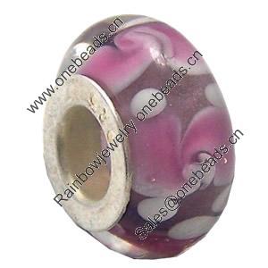 Lampwork Glass white Brass Plating Silver Beads, Rondelle, 6.8x13.5mm, Hole:4.5mm, Sold by PC