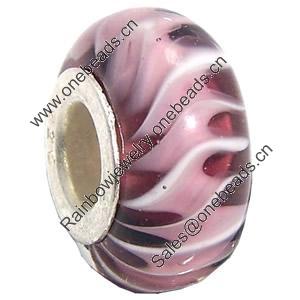 Lampwork Glass white Brass Plating Silver Beads, Rondelle, 6.8x13.5mm, Hole:4.5mm, Sold by PC