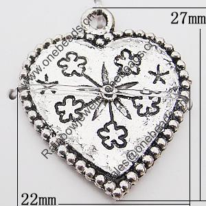 Pendant, Zinc Alloy Jewelry Findings Lead-free, Heart 22x27mm Hole:1.5mm, Sold by Bag