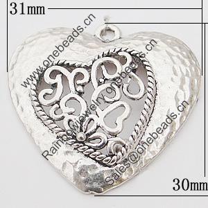 Pendant, Zinc Alloy Jewelry Findings Lead-free, Heart 31x30mm Hole:1.5mm, Sold by Bag