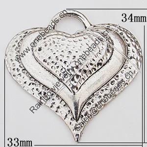 Pendant, Zinc Alloy Jewelry Findings Lead-free, Heart 33x34mm Hole:7mm, Sold by Bag
