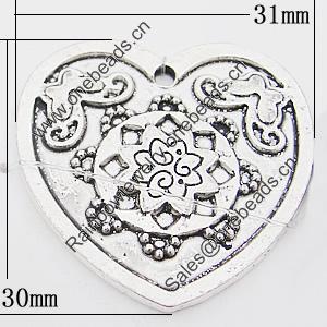 Pendant, Zinc Alloy Jewelry Findings Lead-free, Heart 30x31mm Hole:1.5mm, Sold by Bag