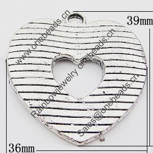 Pendant, Zinc Alloy Jewelry Findings Lead-free, Heart 36x39mm Hole:3mm, Sold by Bag