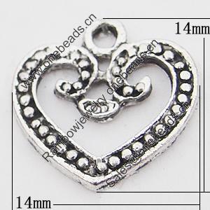 Pendant, Zinc Alloy Jewelry Findings Lead-free, Heart 14x14mm Hole:1.5mm, Sold by Bag