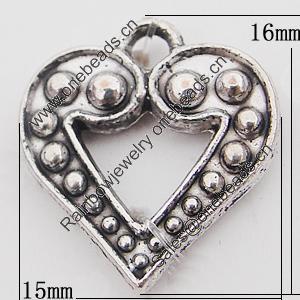 Pendant, Zinc Alloy Jewelry Findings Lead-free, Heart 15x16mm Hole:1.5mm, Sold by Bag