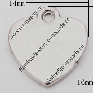 Pendant, Zinc Alloy Jewelry Findings Lead-free, Heart 14x16mm Hole:1.5mm, Sold by Bag