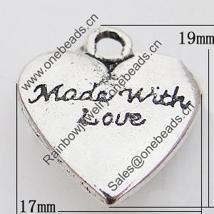 Pendant, Zinc Alloy Jewelry Findings Lead-free, Heart 17x19mm Hole:2mm, Sold by Bag