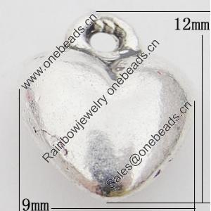 Pendant, Zinc Alloy Jewelry Findings Lead-free, Heart 9x12mm Hole:1.5mm, Sold by Bag