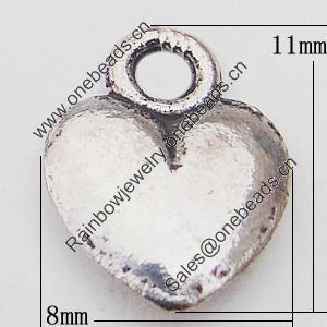 Pendant, Zinc Alloy Jewelry Findings Lead-free, Heart 8x11mm Hole:1.5mm, Sold by Bag
