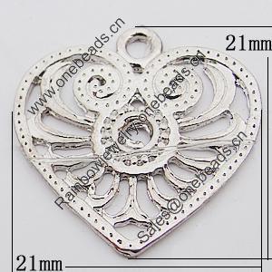 Pendant, Zinc Alloy Jewelry Findings Lead-free, Heart 21x21mm Hole:2mm, Sold by Bag