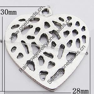 Pendant, Zinc Alloy Jewelry Findings Lead-free, Heart 28x30mm Hole:2mm, Sold by Bag