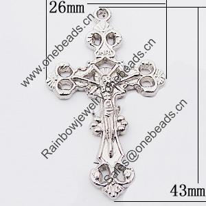 Pendant, Zinc Alloy Jewelry Findings Lead-free, Cross 26x43mm Hole:1.5mm, Sold by Bag