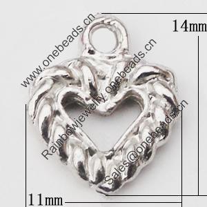 Pendant, Zinc Alloy Jewelry Findings Lead-free, Heart 11x14mm Hole:2mm, Sold by Bag