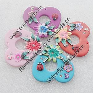 Pottery Clay Pendants/Earring charm, Mix Color, Heart 46x43mm, Sold by PC