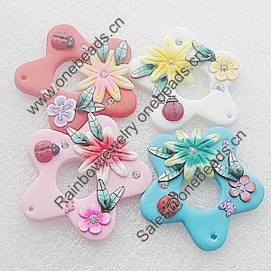 Pottery Clay Pendants/Earring charm, Mix Color, Flower 44mm, Sold by PC