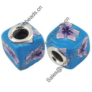 Fimo(Polymer Clay) Beads European, with brass core, Cube, 12x12x12mm, Hole:Approx 5mm, Sold by Bag