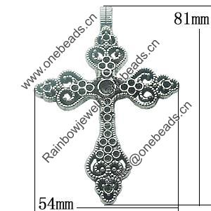 Pendant, Zinc Alloy Jewelry Findings, Lead-free, Cross 54x81mm, Sold by Bag