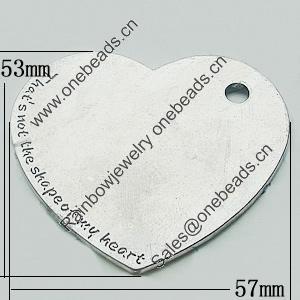 Pendant, Zinc Alloy Jewelry Findings, Lead-free, Heart 53x57mm, Sold by Bag