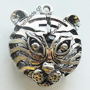 Hollow Bali Pendant Zinc Alloy Jewelry Findings, Leaf-free, Tiger Head 26x32mm, Sold by Bag