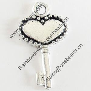 Pendant, Zinc Alloy Jewelry Findings, Lead-free, Key, 10x17mm, Sold by Bag