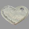 Pendant, Zinc Alloy Jewelry Findings, Lead-free, Heart 34x27mm, Sold by Bag