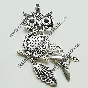 Pendant, Zinc Alloy Jewelry Findings, Lead-free, Owl 41x78mm, Sold by Bag