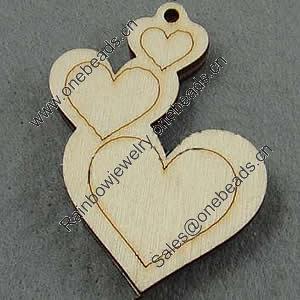 Wooden Pendant/Drop, Heart, 42x52x6.5mm, Hole:About 3mm, Sold by PC