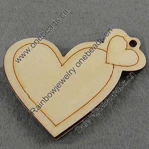 Wooden Pendant/Drop, Heart, 54x47x6.5mm, Hole:About 3mm, Sold by PC