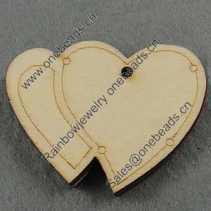 Wooden Pendant/Drop, Heart, 50x40x7mm, Hole:About 3mm, Sold by PC