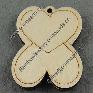 Wooden Pendant/Drop, Heart, 37x48x6mm, Hole:About 3mm, Sold by PC