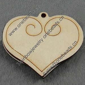 Wooden Pendant/Drop, Heart, 48x40x7mm, Hole:About 3mm, Sold by PC