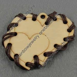 Wooden Pendant/Drop, Heart, 49x40x4.5mm, Hole:About 3mm, Sold by PC