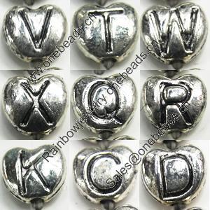 Beads, Zinc Alloy Jewelry Findings, Lead-free, Heart with letter, mixed, 8x7mm, Sold by Bag