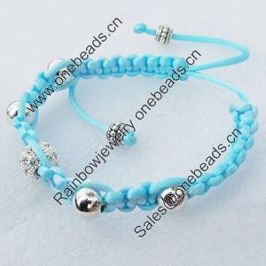 Handmade bracelet, silk thread with alloy crystal Ball and Iron Beads,9-inch, Adjustable, Sold by Strand