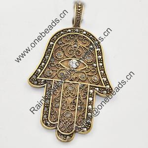 Zinc Alloy Charm/Pendant with Crystal, Lead-free, Hand 74x43mm, Sold by PC