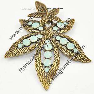 Zinc Alloy Charm/Pendant with Crystal, Lead-free, Leaf 54x44mm, Sold by PC