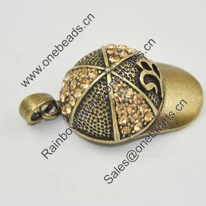 Zinc Alloy Charm/Pendant with Crystal, Lead-free, Cap 37x22mm, Sold by PC