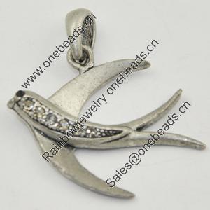 Zinc Alloy Charm/Pendant with Crystal, Lead-free, Bird 34x27mm, Sold by PC