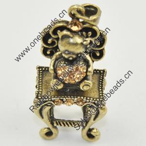 Zinc Alloy Charm/Pendant with Crystal, Lead-free, 43x19mm, Sold by PC