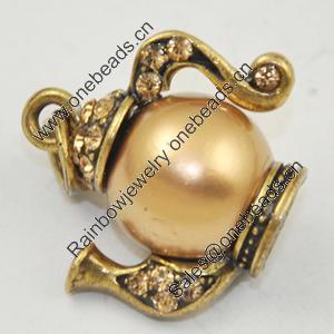 Zinc Alloy Charm/Pendant with Crystal, Lead-free, Teapot 21x19mm, Sold by PC