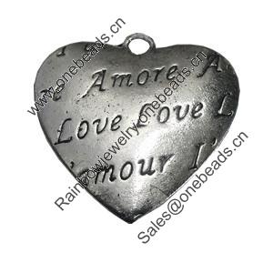 Pendant/Charm, Zinc Alloy Jewelry Findings, Lead-free, Heart 26mm, Sold by PC