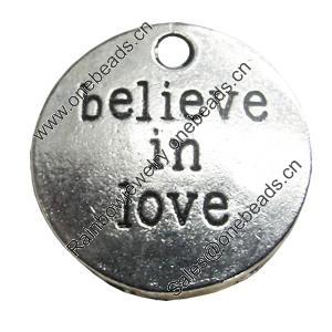 Message charm, zinc alloy jewelry findings, Flat Round, lead-free, 20mm, Sold by bag