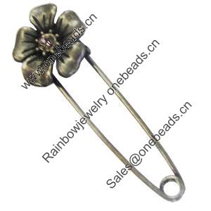 Zinc alloy brooch with crystal, Fashion jewelry, Lead-free Flower, Length: about 55mm, Head size:20mm, Sold by PC