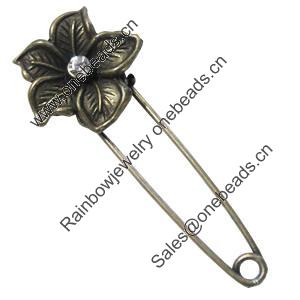 Zinc alloy brooch with crystal, Fashion jewelry, Lead-free Flower, Length: about 55mm, Head size:20mm, Sold by PC