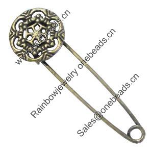 Zinc alloy brooch, Fashion jewelry, Lead-free Flat Round, Length: about 55mm, Head size:17mm, Sold by PC
