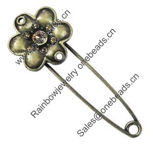 Zinc alloy brooch with crystal, Fashion jewelry, Lead-free Flower, Length: about 55mm, Head size:21mm, Sold by PC