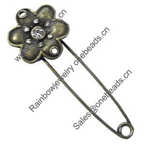 Zinc alloy brooch with crystal, Fashion jewelry, Lead-free Flower, Length: about 55mm, Head size:21mm, Sold by PC